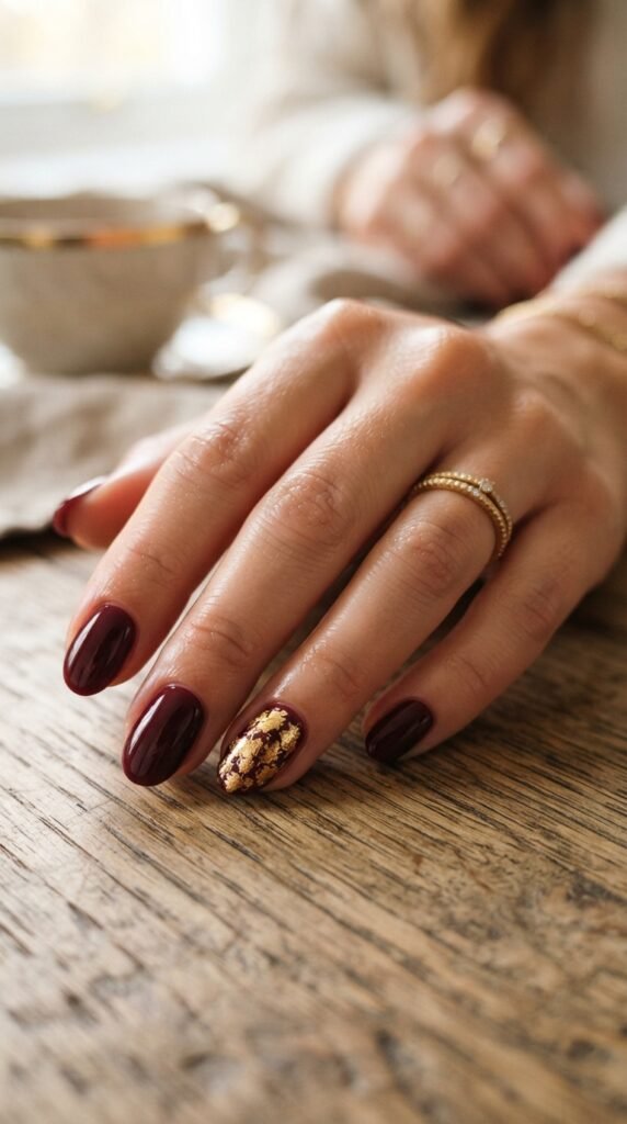Rich Burgundy & Gold Foil Accent Nails