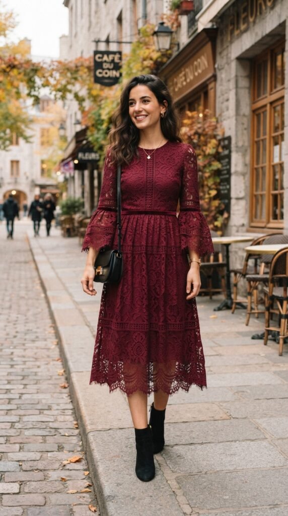 The Burgundy Lace Bell-Sleeve Midi Dress Outfit