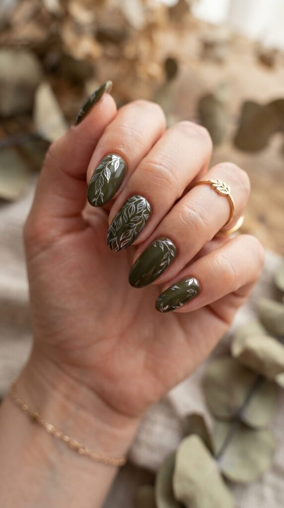 Burnt Olive & Chrome Leaf Line Nail Art