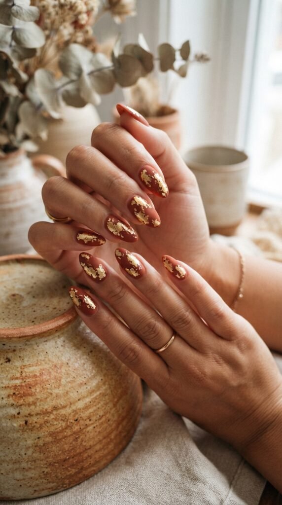 Burnt Terracotta & Gold Foil Nails