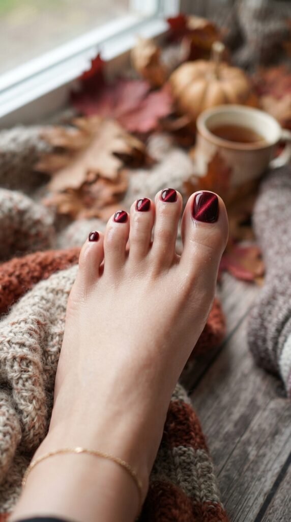 Deep Cabernet Velvet Cat-Eye Fall Pedicure