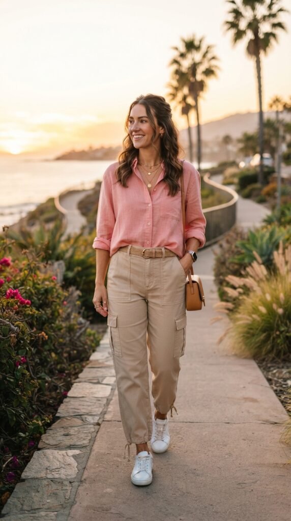 Sand-Colored Cargo Pants with Sunset Pink Top Outfit