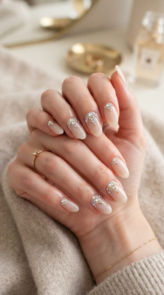 Sheer Cashmere & Micro-Gems Nail Art