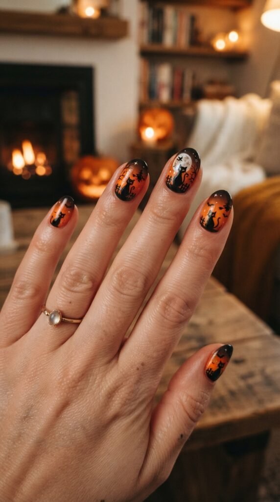 Moody Black Cat Silhouette Halloween Nail Art