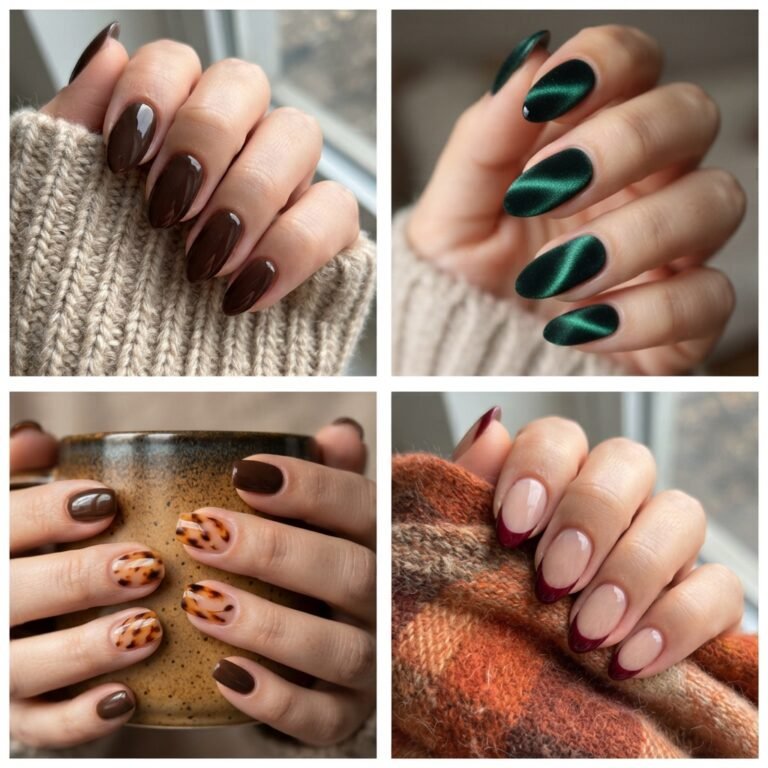 Prompt: A high-resolution 2:3 portrait ratio collage featuring a 4-grid split layout displaying four autumn mid-length nail designs side-by-side. Top-left: close-up shot of glossy deep chocolate espresso brown almond nails resting on a beige knit wool sweater. Top-right: close-up shot of mid-length almond nails with dark emerald green velvet cat-eye shimmer catching soft indoor light. Bottom-left: realistic shot of squoval mid-length nails featuring amber and dark brown tortoiseshell accent nail art held against a ceramic coffee cup. Bottom-right: close-up of almond nails with rich burgundy French tips resting on a cozy autumn scarf. Natural lighting, authentic skin texture, realistic nail shine, ultra-photorealistic candid fashion photography style, no text, no logos.