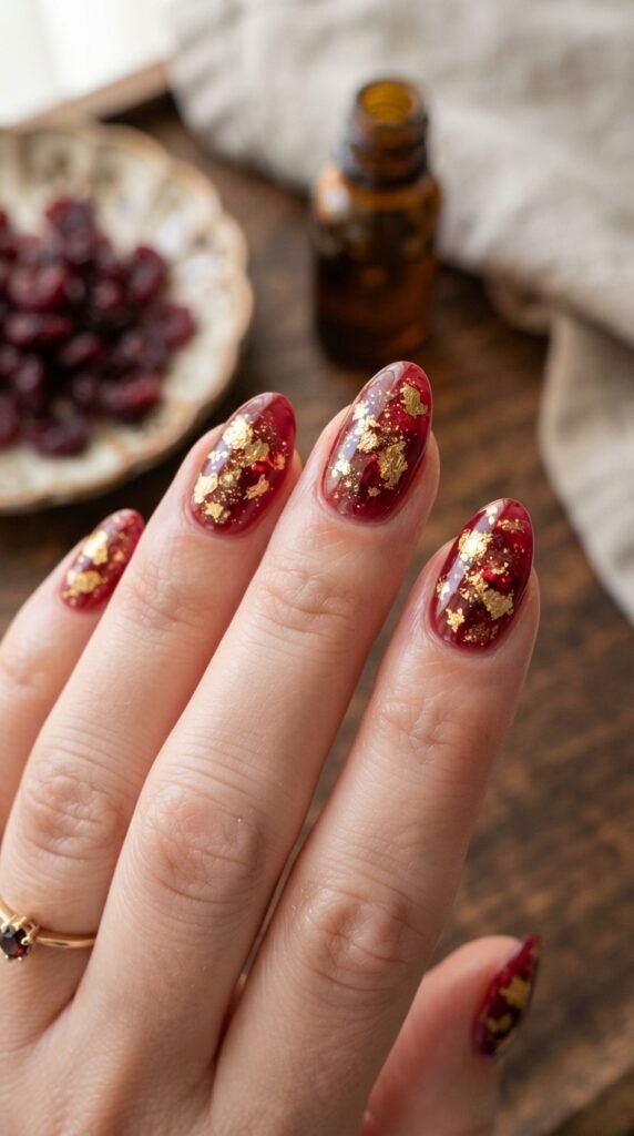 Cranberry Jelly & Gold Flake Texture Nail Art
