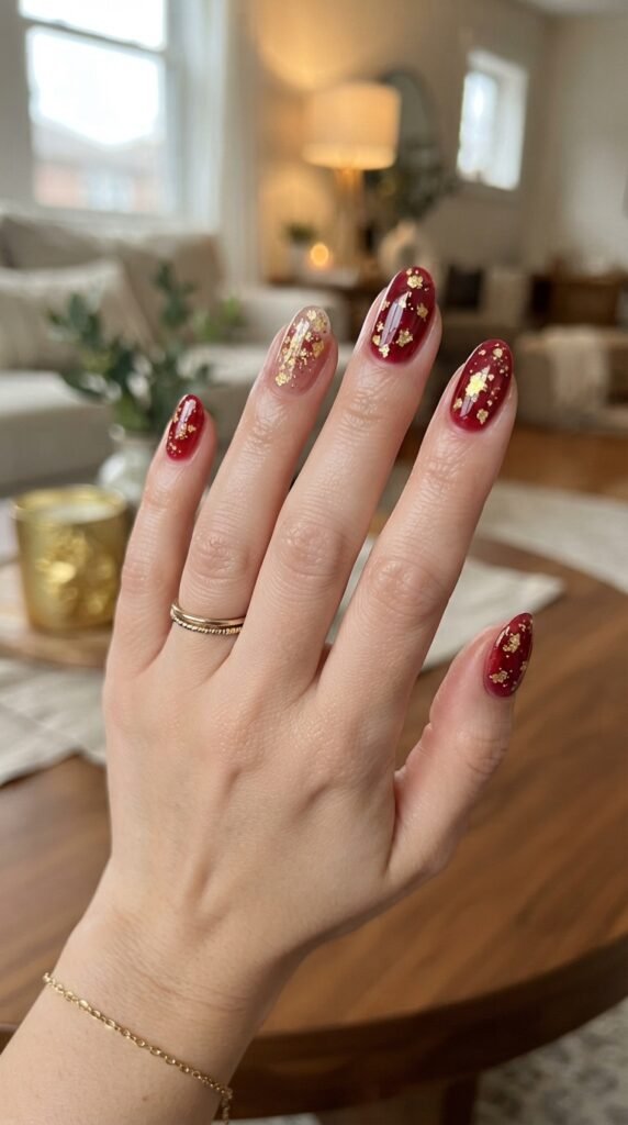 Cranberry Jelly & Gold Flake Nail Art