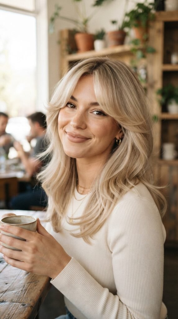 Creamy Vanilla Blonde Curtain Bangs Hairstyle