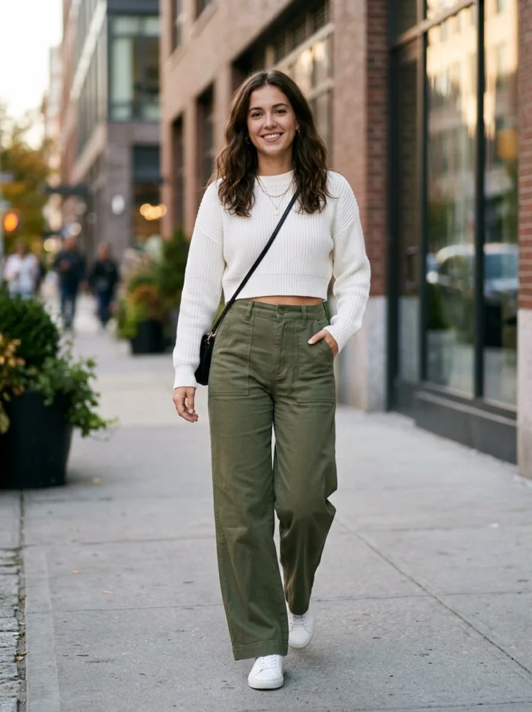 Cropped White Sweater and High-Waist Pants