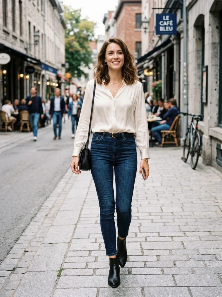 Dark Wash Skinny Jeans and Silk Blouse