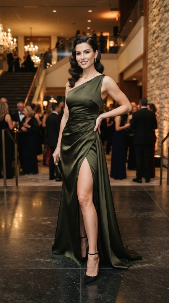 Dark Olive Satin Asymmetrical Slit Gown Outfit