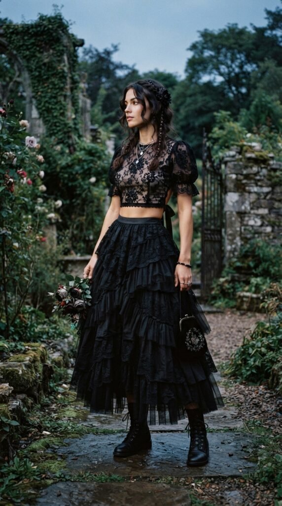The Two-Piece Dark Romantic Crop Top & Tiered Skirt Outfit