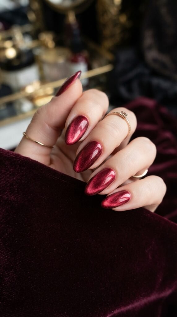 Deep Wine Red Velvet Chrome Nail Art