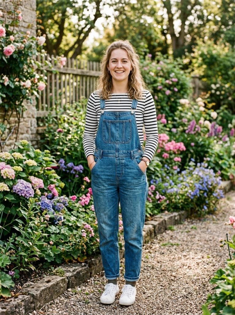Denim Overalls and Striped Top