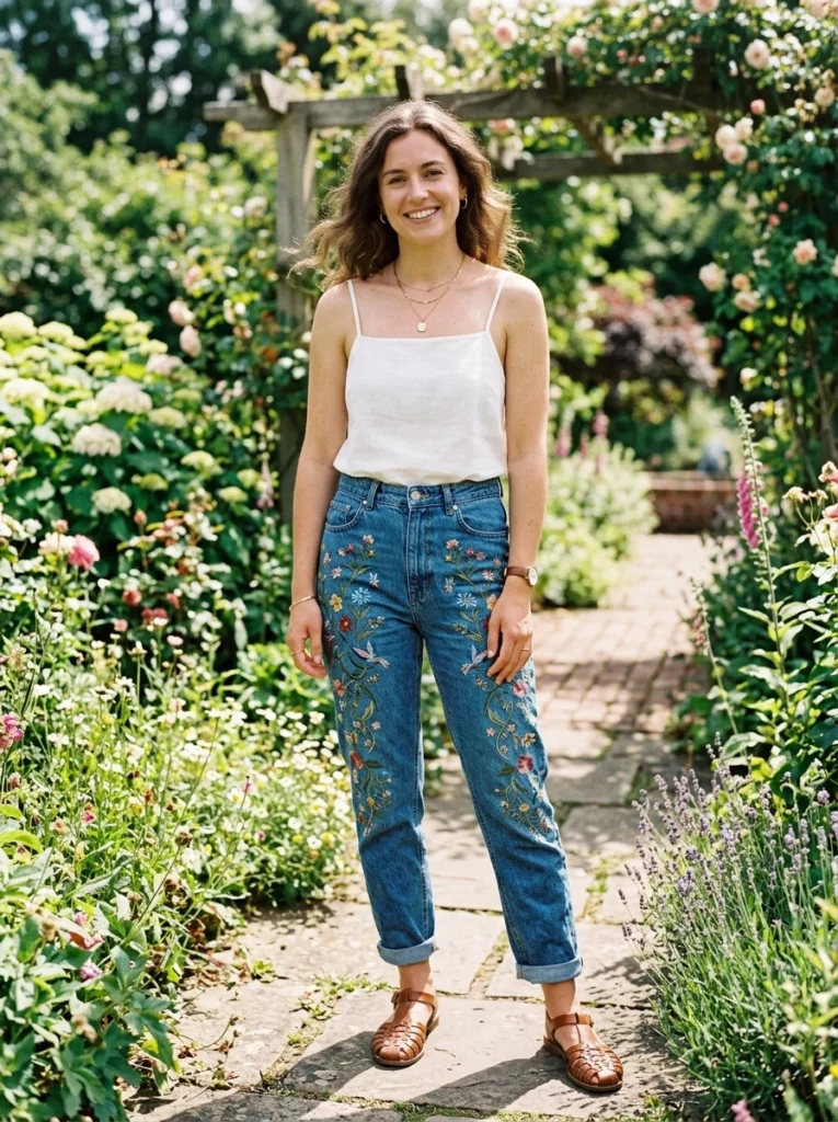 Embroidered Jeans and Simple Camisole