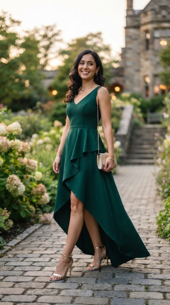 Deep Emerald High-Low Peplum Dress Outfit
