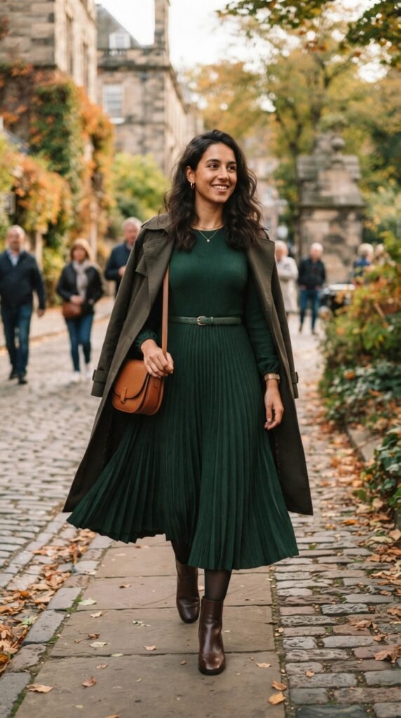 Forest Green Pleated A-Line Midi Dress Outfit