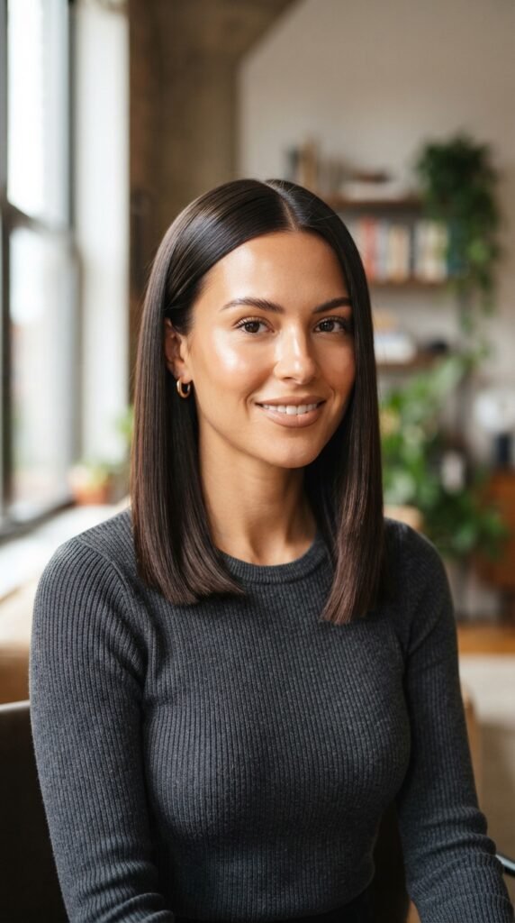 Glass Straight Blunt Medium Length Hairstyle