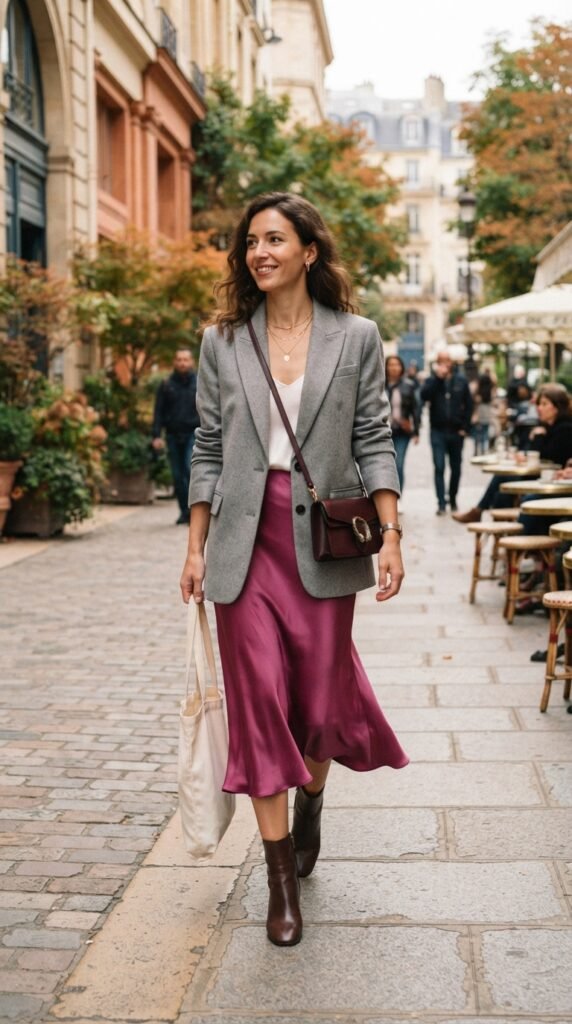 Soft Gray Blazer with Magenta Silk Slip Skirt Outfit