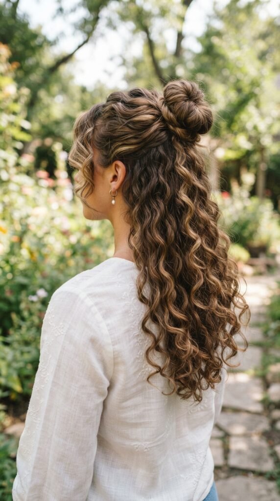 Half-Up Top Knot with Cascading Curls Hairstyle