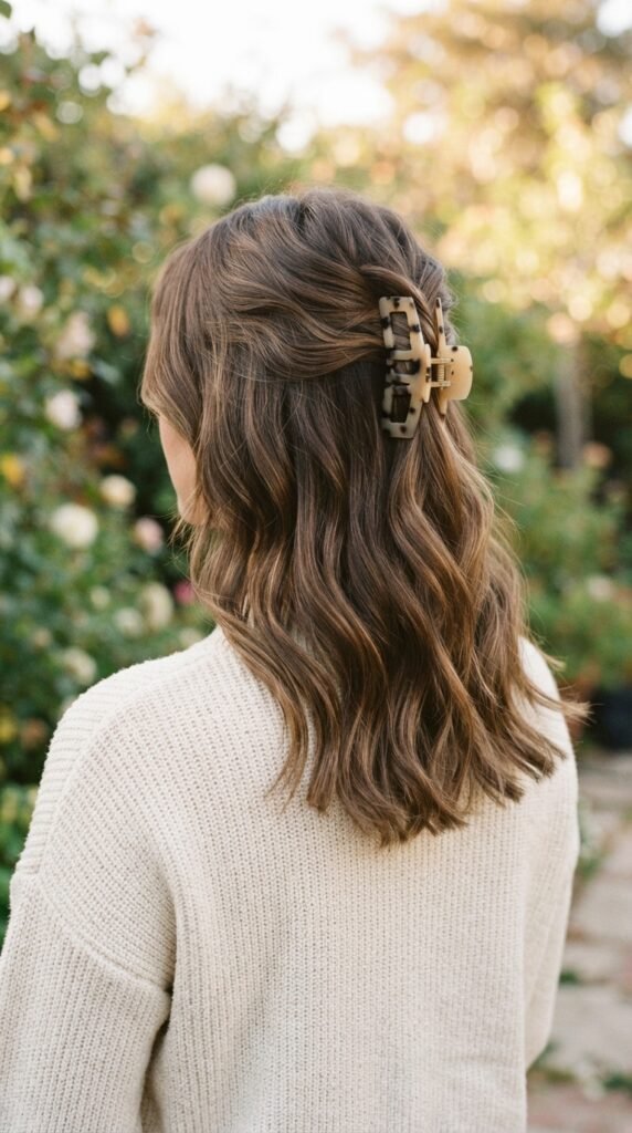 Half-Up Claw Clip Medium Length Hairstyle