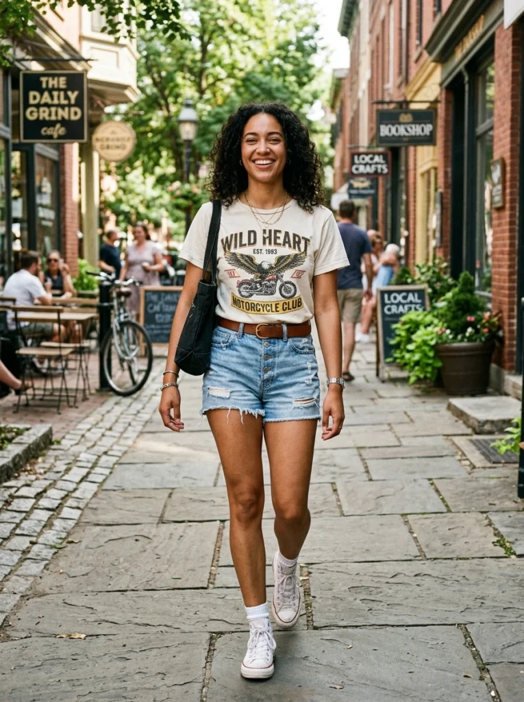 High-Waist Denim Shorts and Graphic Tee