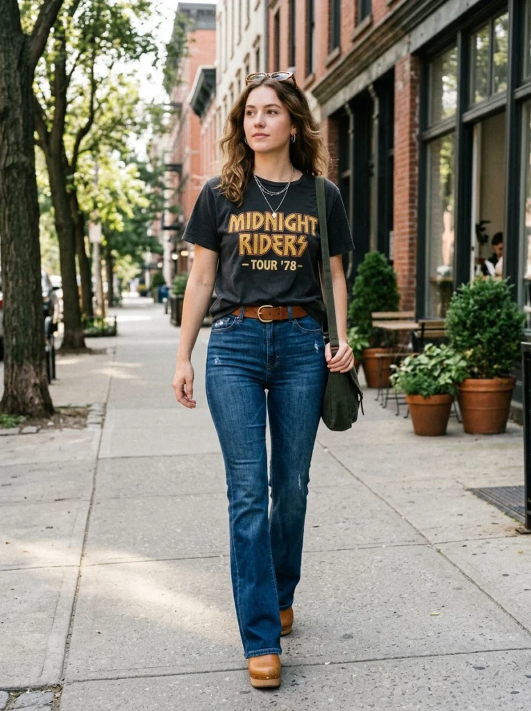 High-Waisted Flare Jeans and Graphic Tee