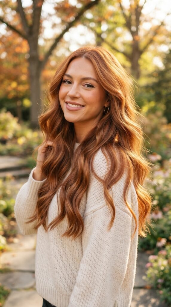 Warm Spiced Copper Long Waves Hairstyle