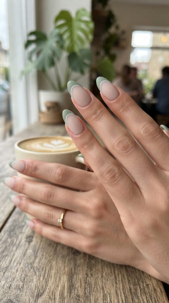 Matte Sage Green French Tip Nail Art