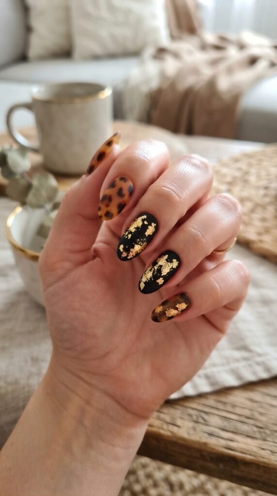 Matte Tortoiseshell & Gold Foil Nail Art
