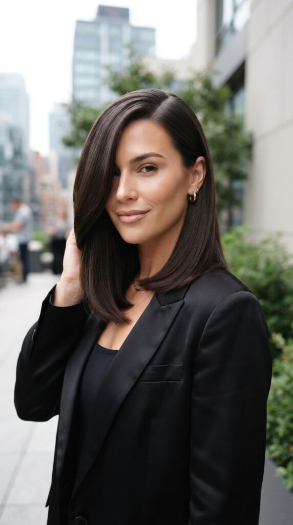 Sleek Deep Side Part Medium Length Hairstyle