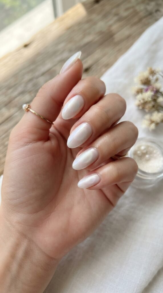 Milky White Pearl Aura Nail Art