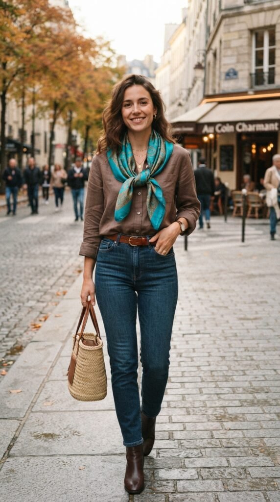 Mocha Button-Down Shirt with Turquoise Scarf Outfit
