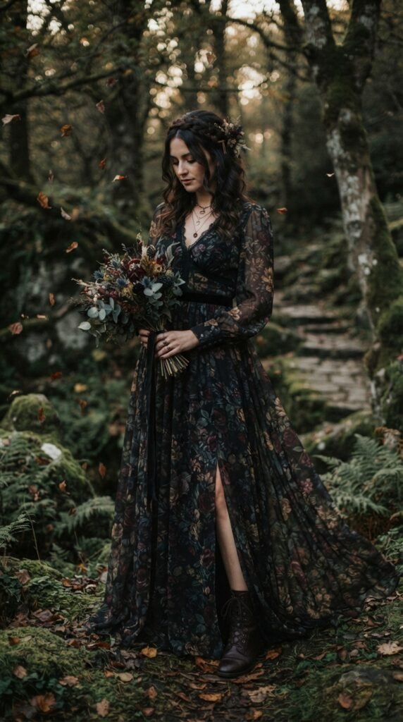 The Moody Dark Floral Chiffon Gown Outfit