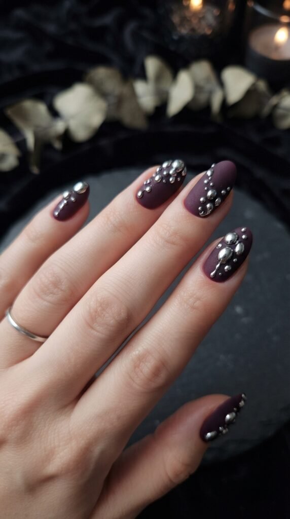 Moody Plum & Silver Droplet Nail Art