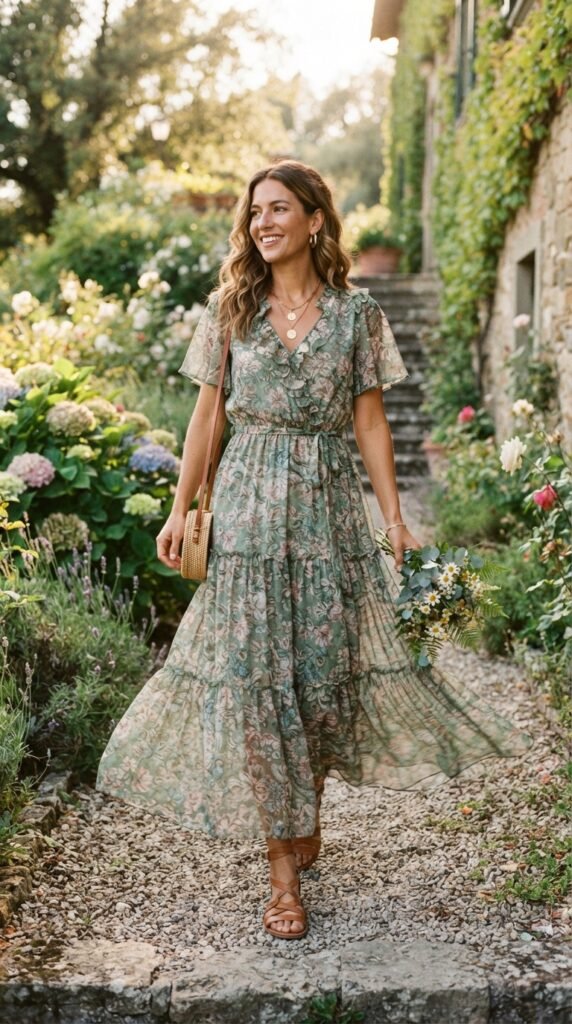 Moss Green Floral Print Chiffon Maxi Dress Outfit