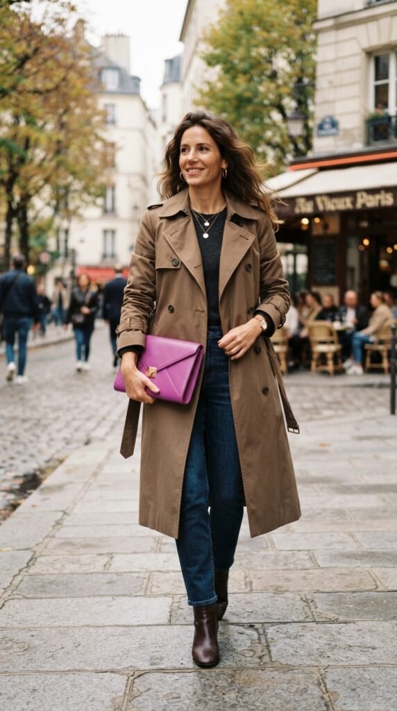 Mushroom Brown Trench with Bright Violet Clutch Outfit