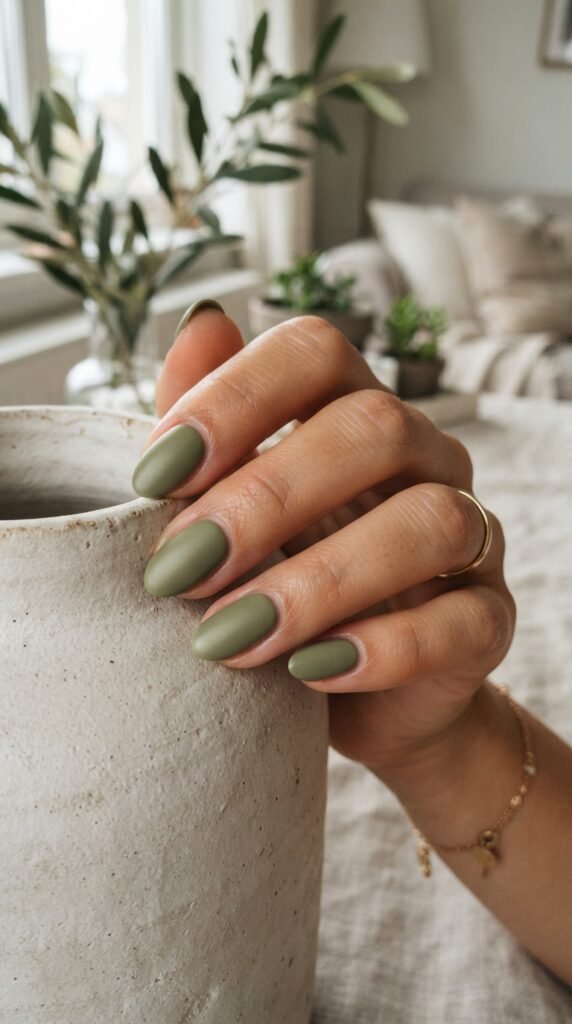 Muted Olive Green Solid Nails
