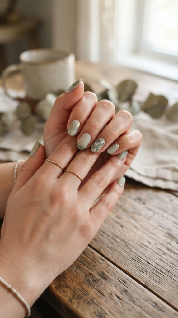 Muted Sage Green Nail Art