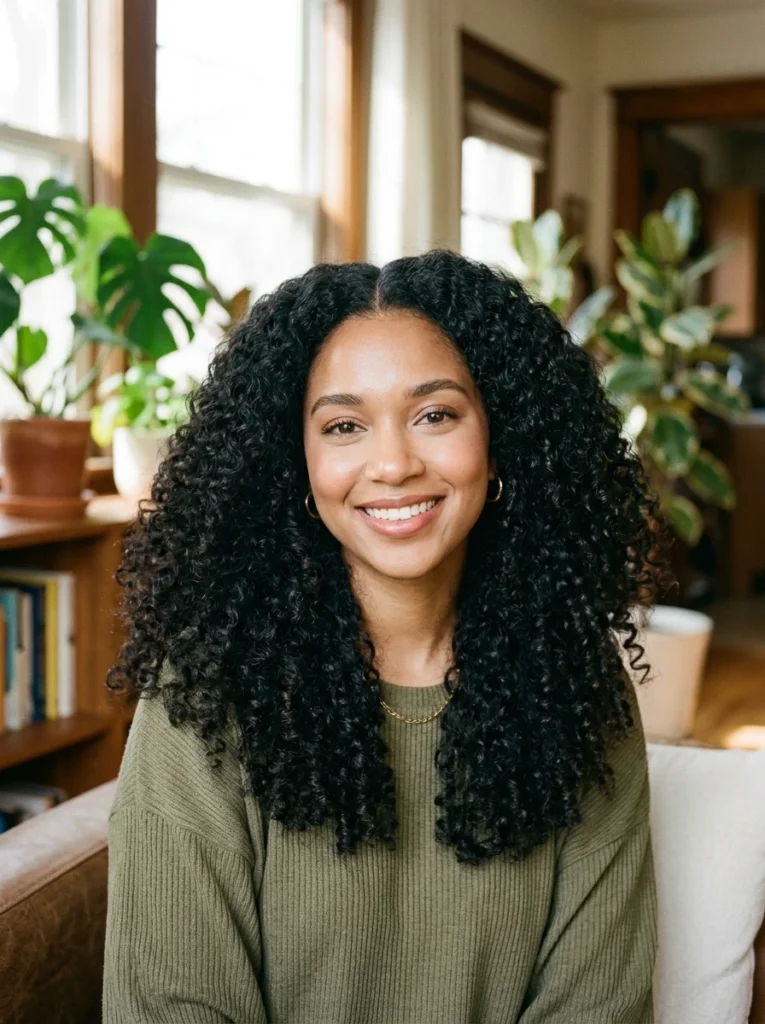 Natural Curls with Middle Part and Volume
