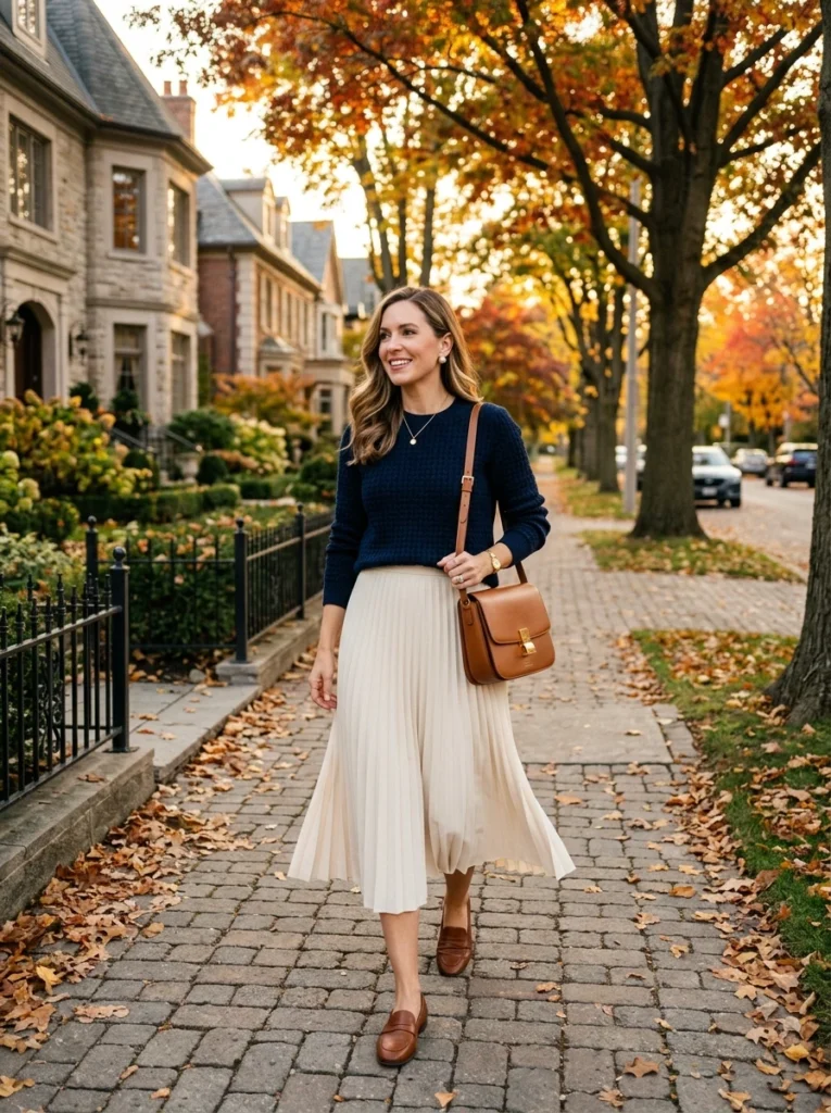  Navy Sweater with Pleated Midi Skirt