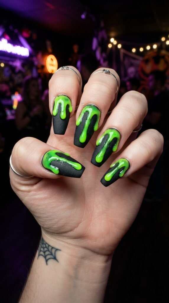 Neon Slime Drip Halloween Nail Art
