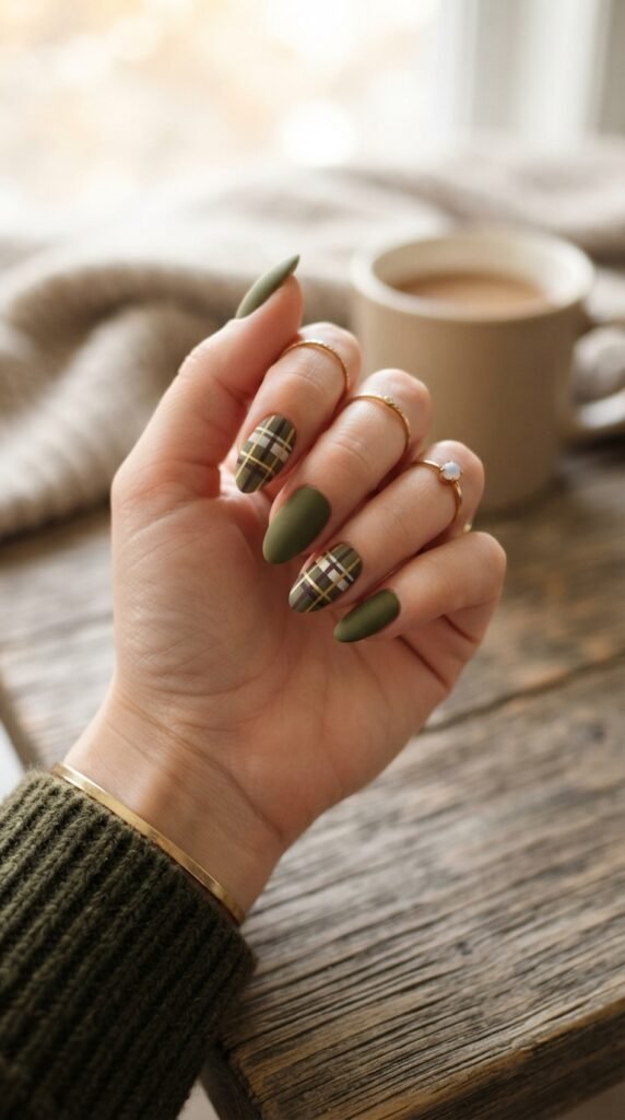 Olive Green & Matte Plaid Nails