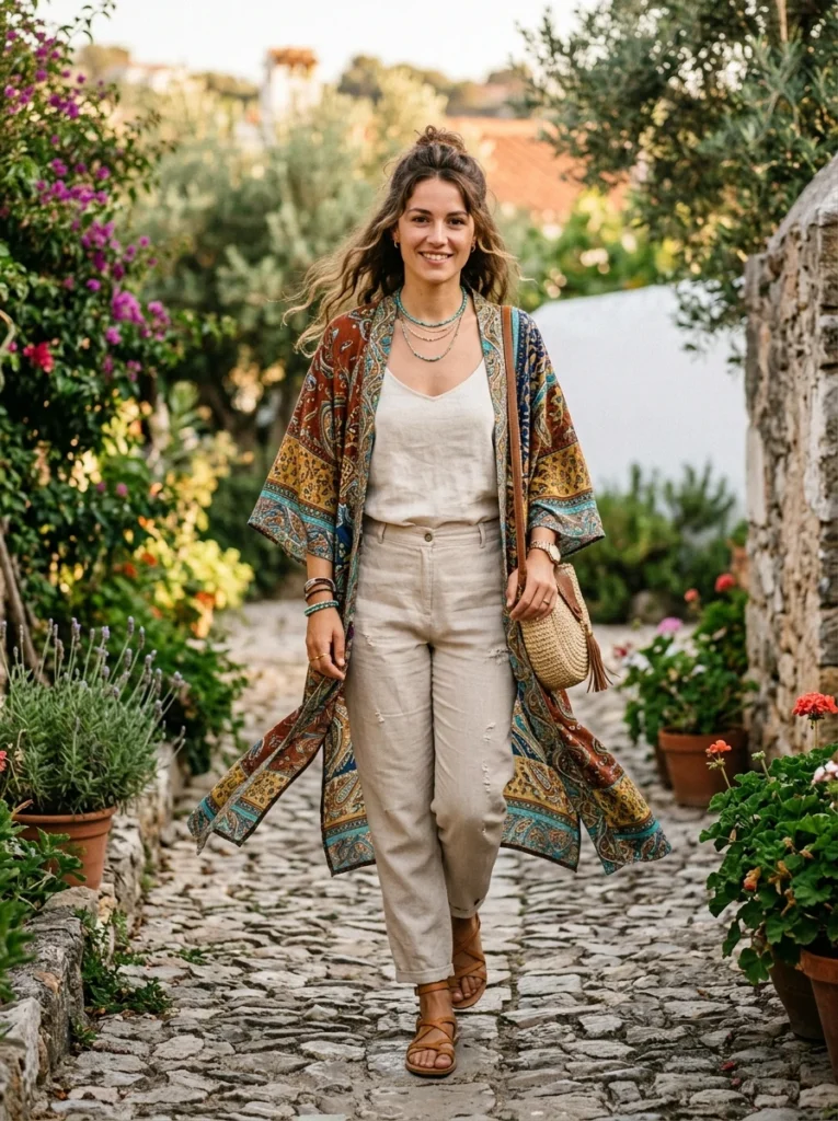Patterned Boho Kimono over Neutral Colors