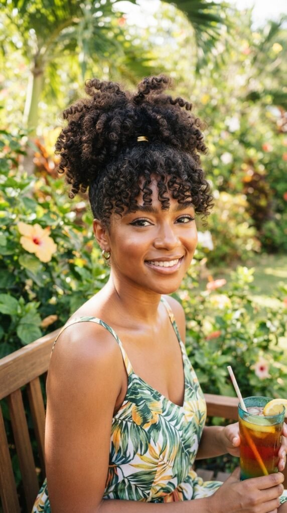 Pineapple Updo with Bangs Hairstyle