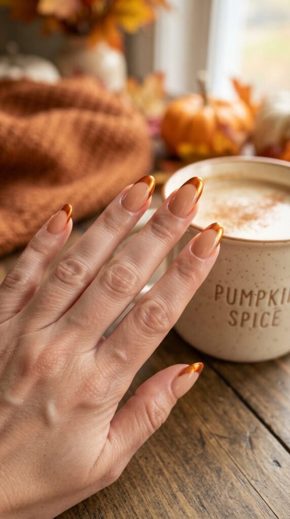 Pumpkin Spice Chrome French Tip Nail Art