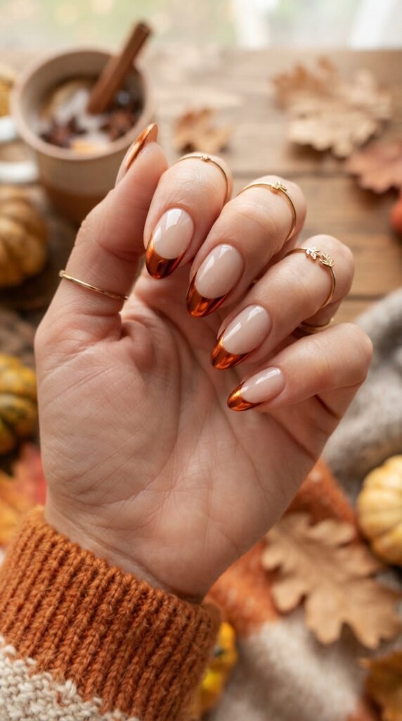 Pumpkin Spice Chrome French Tip Nail Art