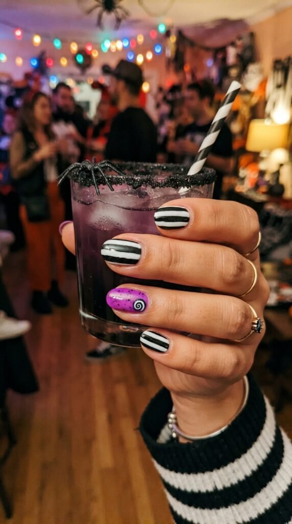 Retro Beetlejuice Stripe Halloween Nail Art