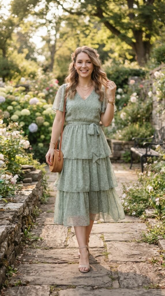 Sage Green Chiffon Tiered Midi Dress Outfit