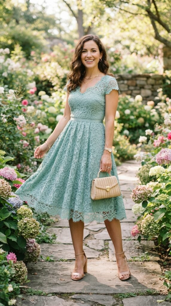 Seafoam Green Lace Fit-and-Flare Dress Outfit